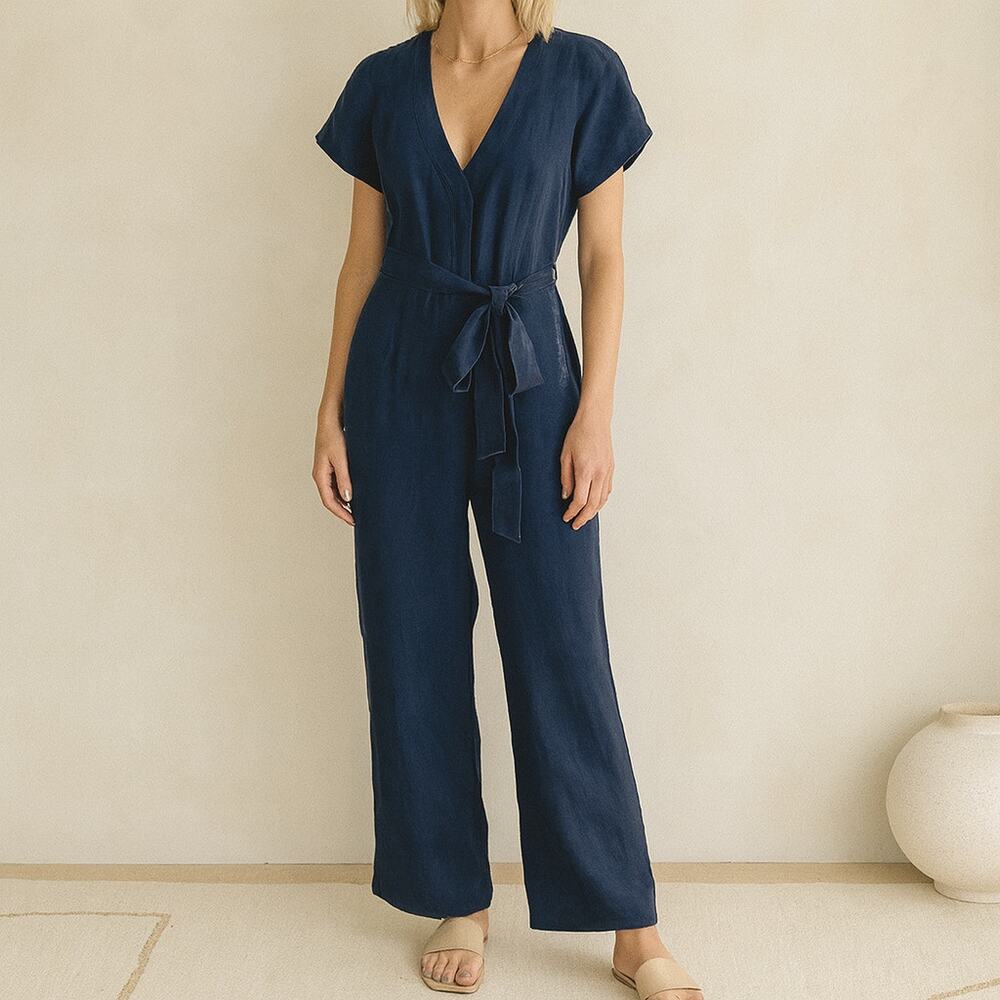 Madewell V-Neck Short Sleeve Straight Leg Jumpsuit Blue 00